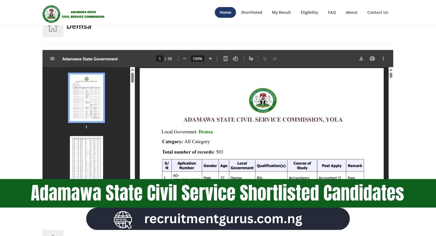 Adamawa State Civil Service Shortlisted Candidates 2025/2026