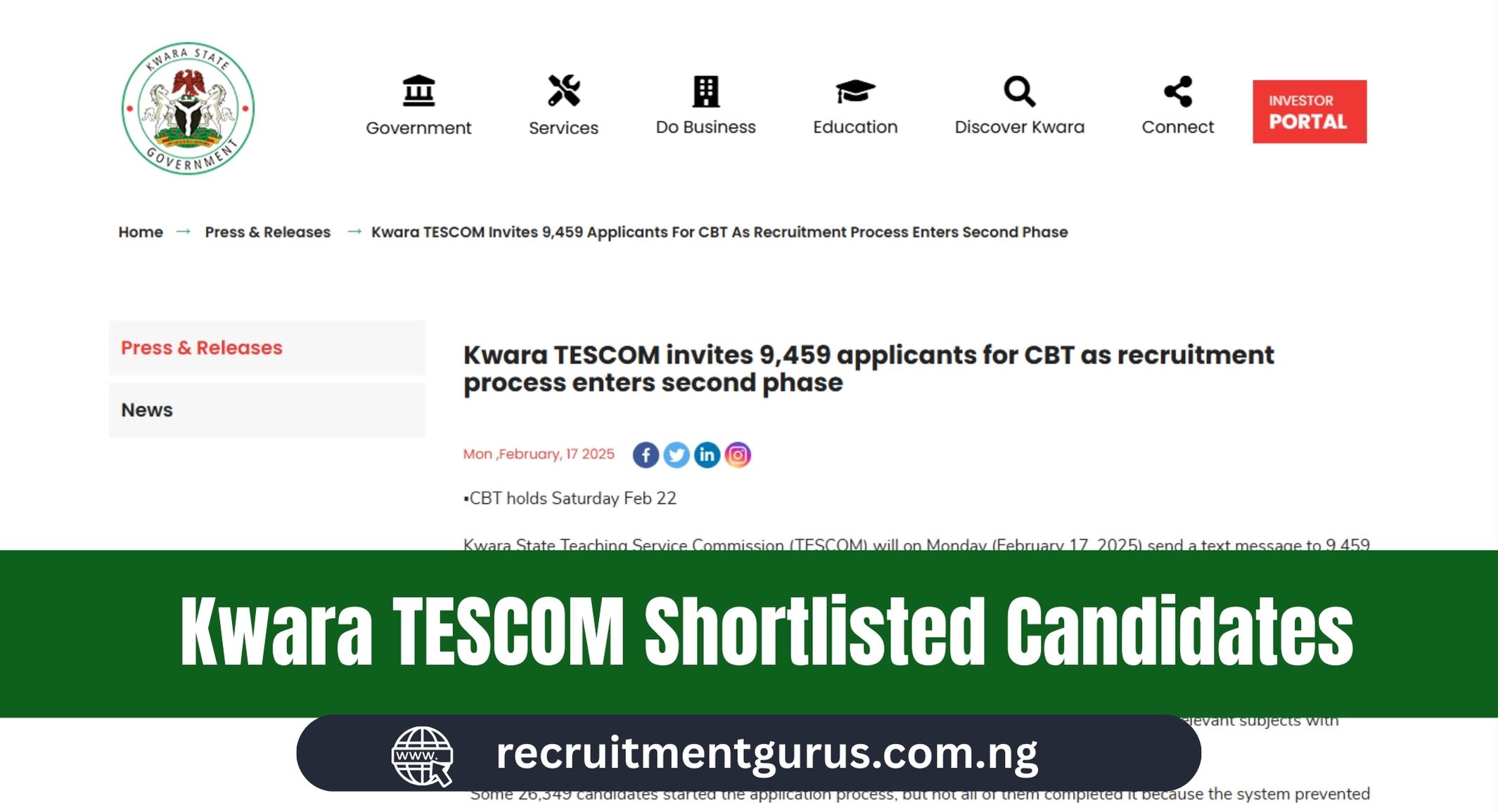 Kwara TESCOM Shortlisted Candidates 2025