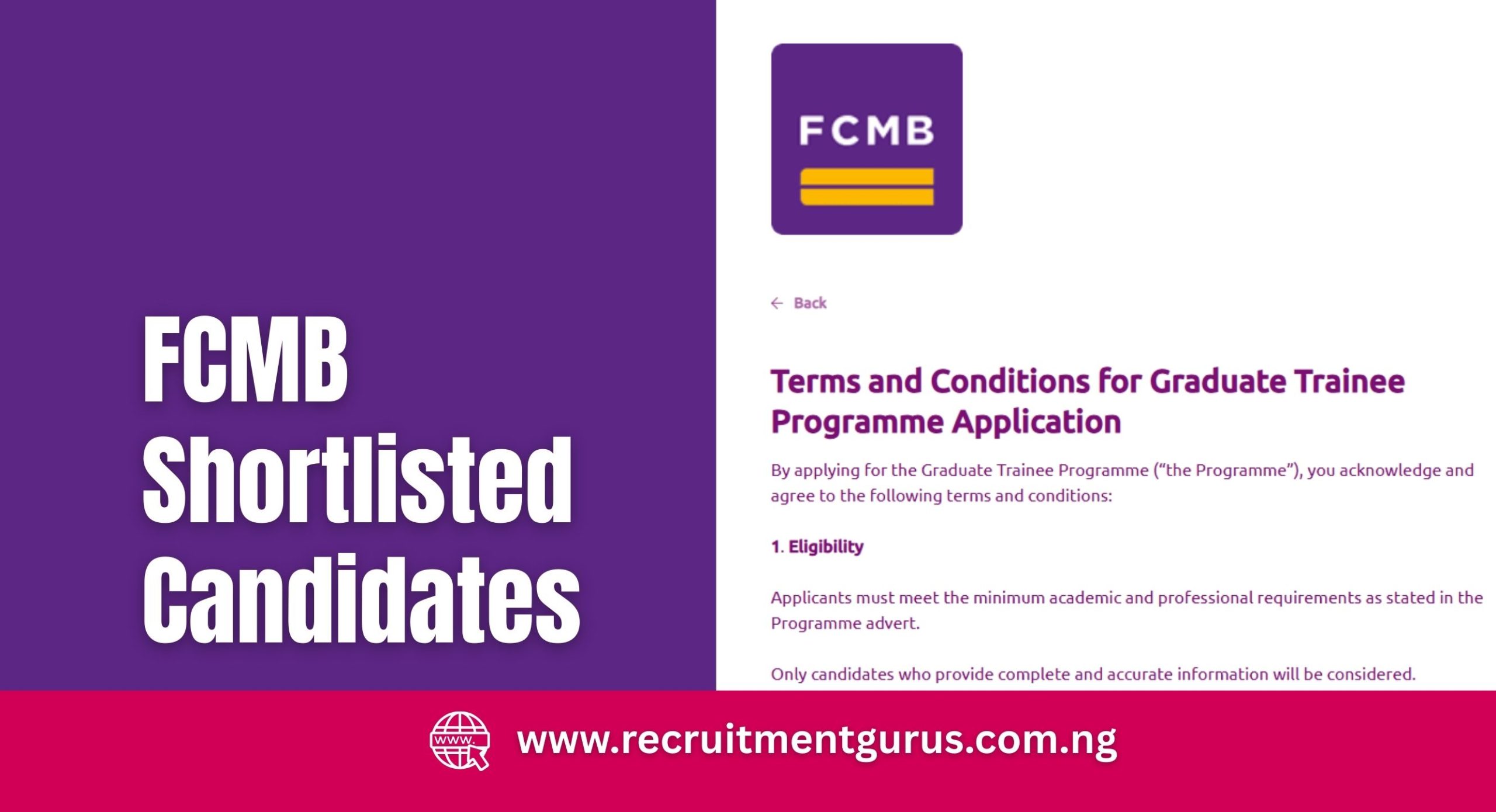 FCMB Graduate Trainee Sales Programme Shortlisted Candidates